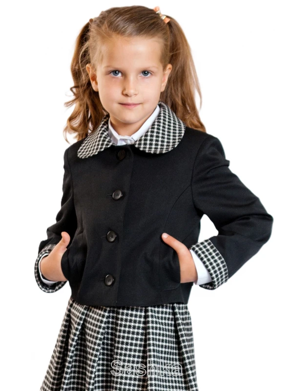 Жакет для дівчинки Sashka шкільний чорний з клітинкою (напіввовна), розмір 122-134